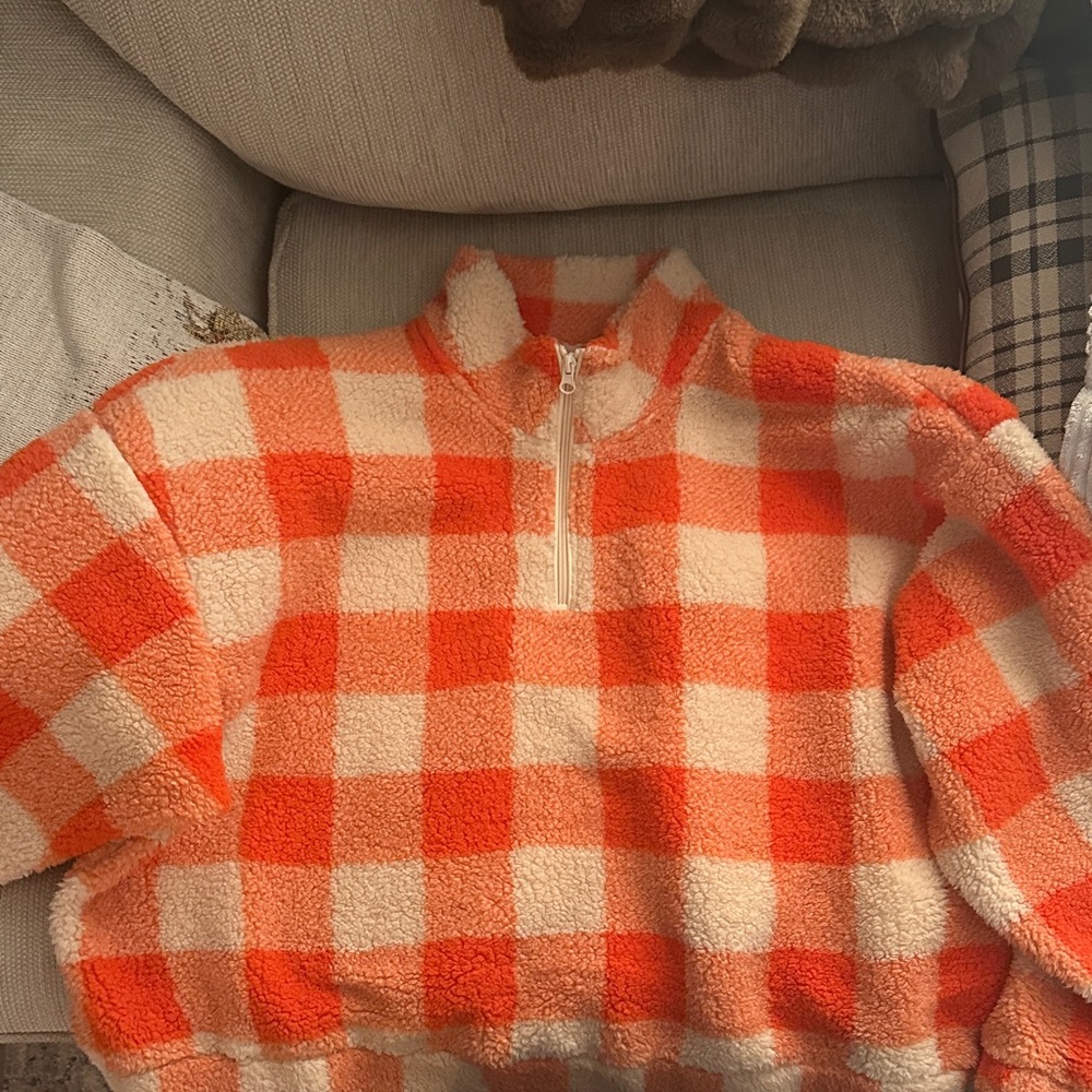 H&M Orange and Cream Checkered Turtleneck Fleece Quarter-Zip Sherpa